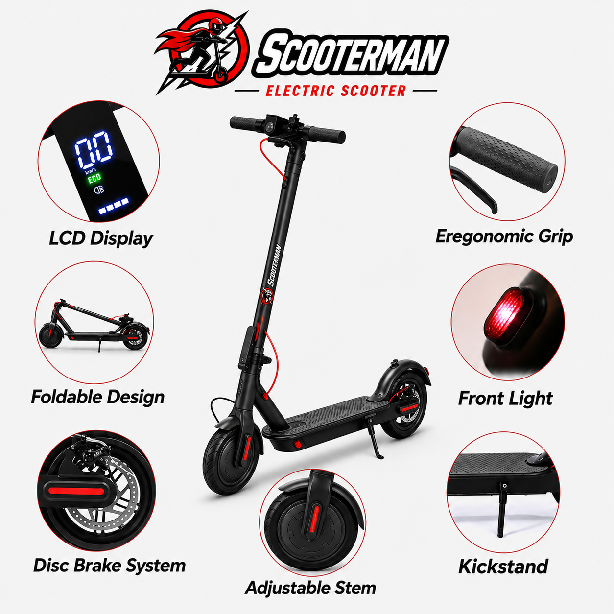 Scooterman Electric Scooter Foldable Portable 350W Black Red