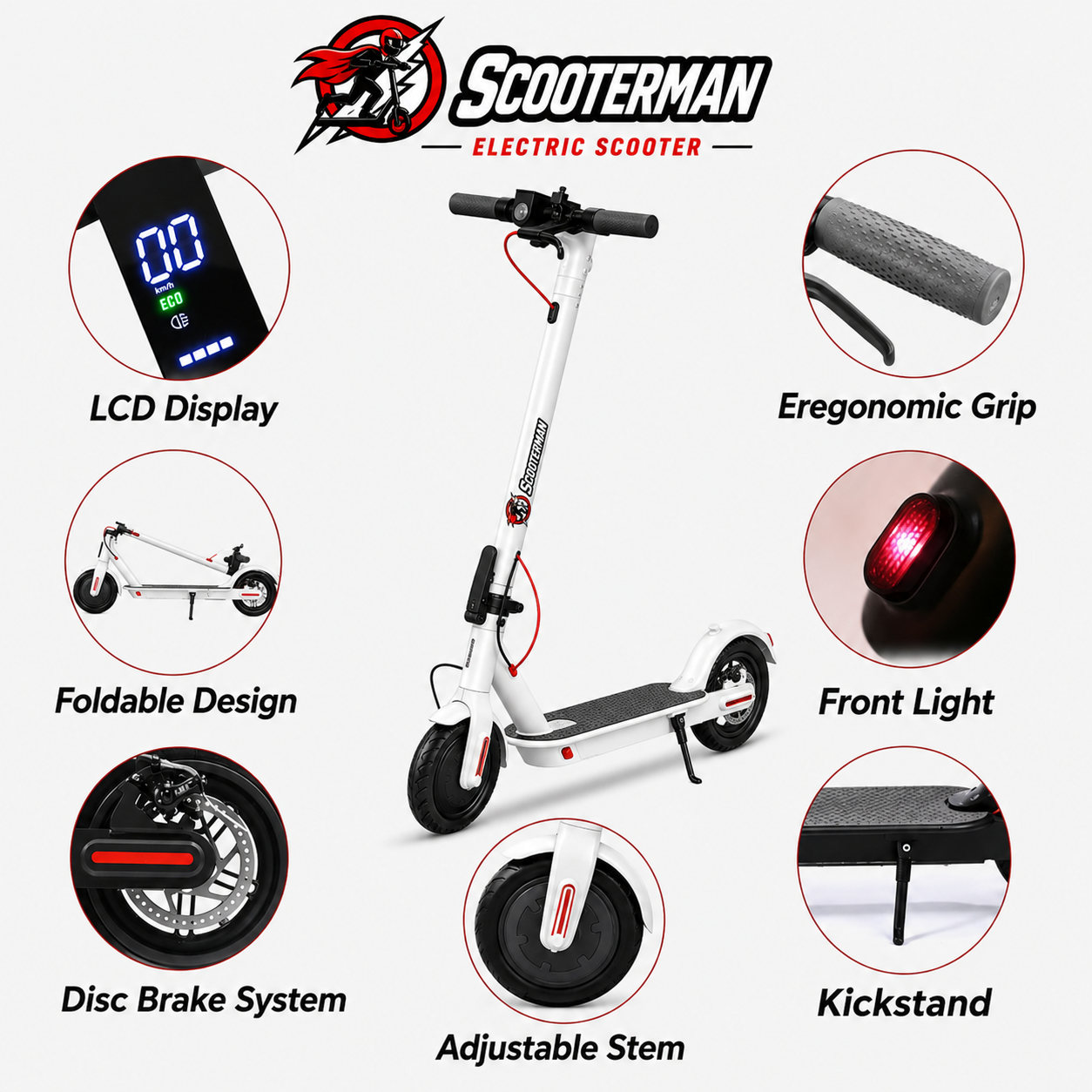 Scooterman Electric Scooter Foldable Portable 350W Black White