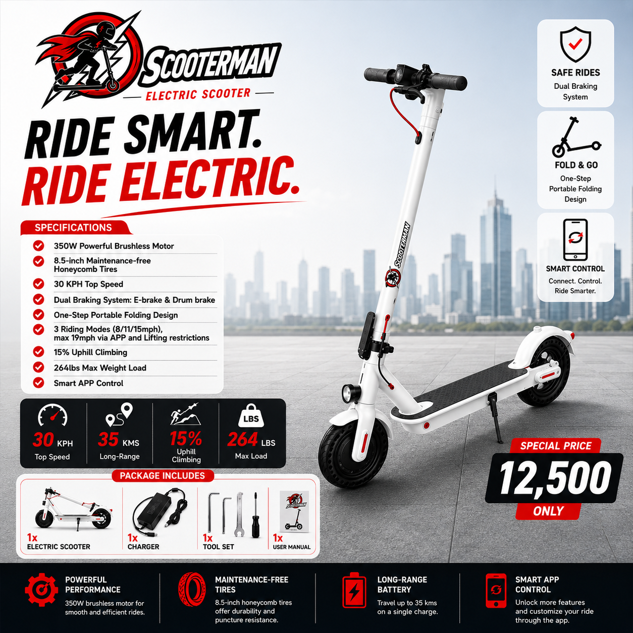 Scooterman Electric Scooter Foldable Portable 350W Black Red